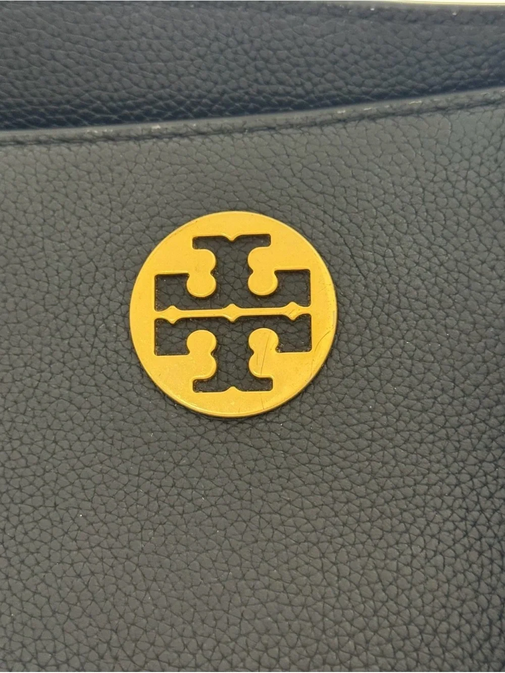 Tory Burch Black Pebbled Leather Tote with Gold Logo and Chain Straps